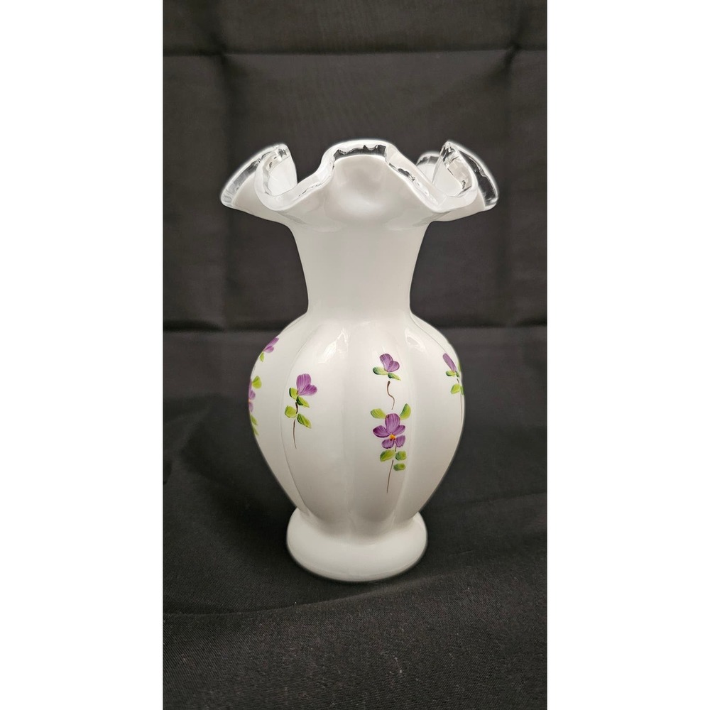 Fenton Violets in the Snow Ruffle Melon Vase Signed